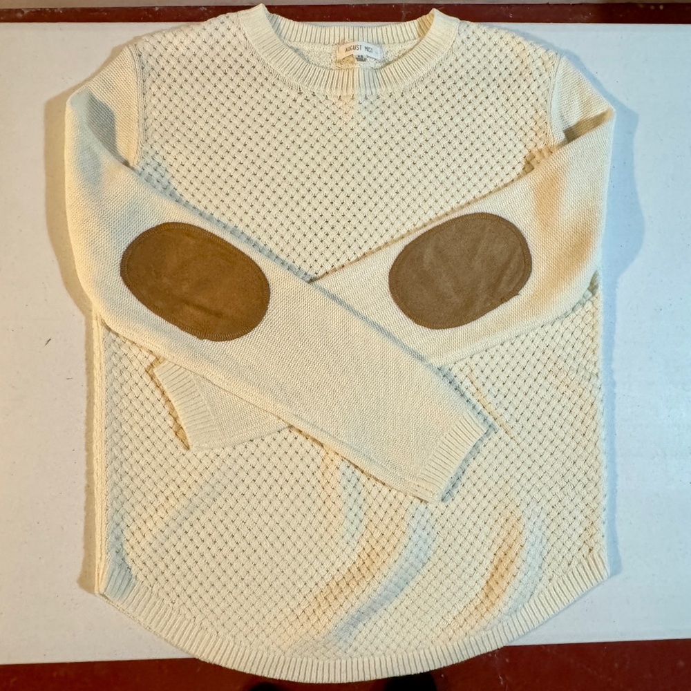 August Mist Cream Sweater with Tan Elbow Patches, Size XS